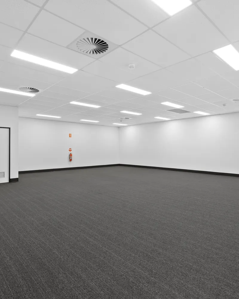 A large empty suite with charcoal carpet, white walls and a suspended ceiling with LED panels